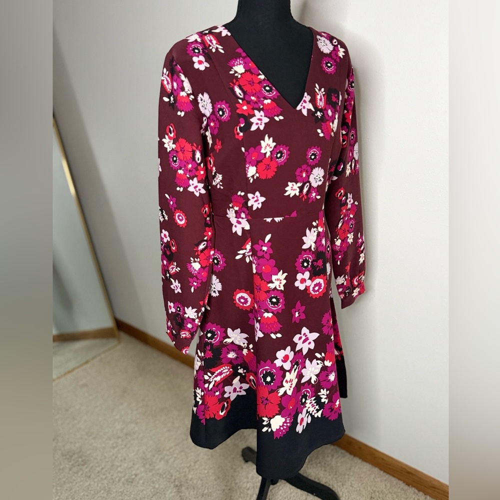 Ann Taylor Burgundy Floral Fit Flare Dress Long Sleeve Size 4